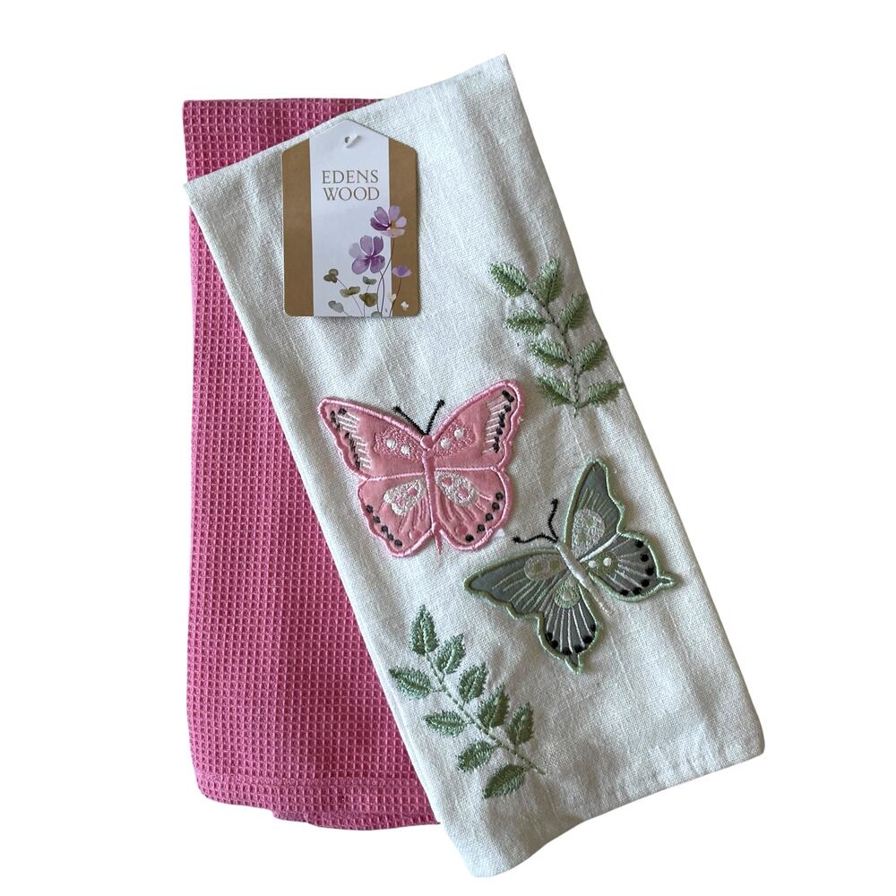 Edens Wood Embroidered Butterfly  Kitchen Towels 2pc 18x28 Pink & Green New